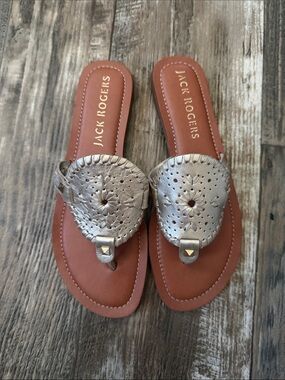 Jack Rogers Metallic Gold Leather Thong Sandals with Brown Footbed